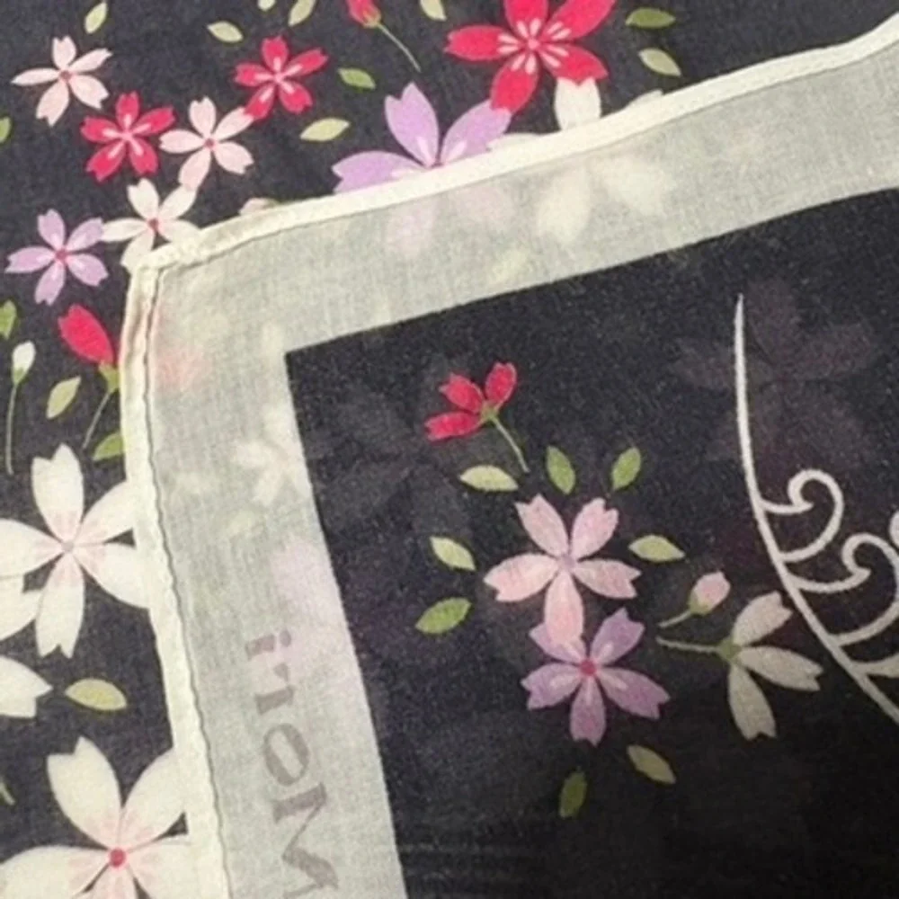 Vtg HANAE MORI Scarf Handkerchief Cherry Blossom Navy Pink 16